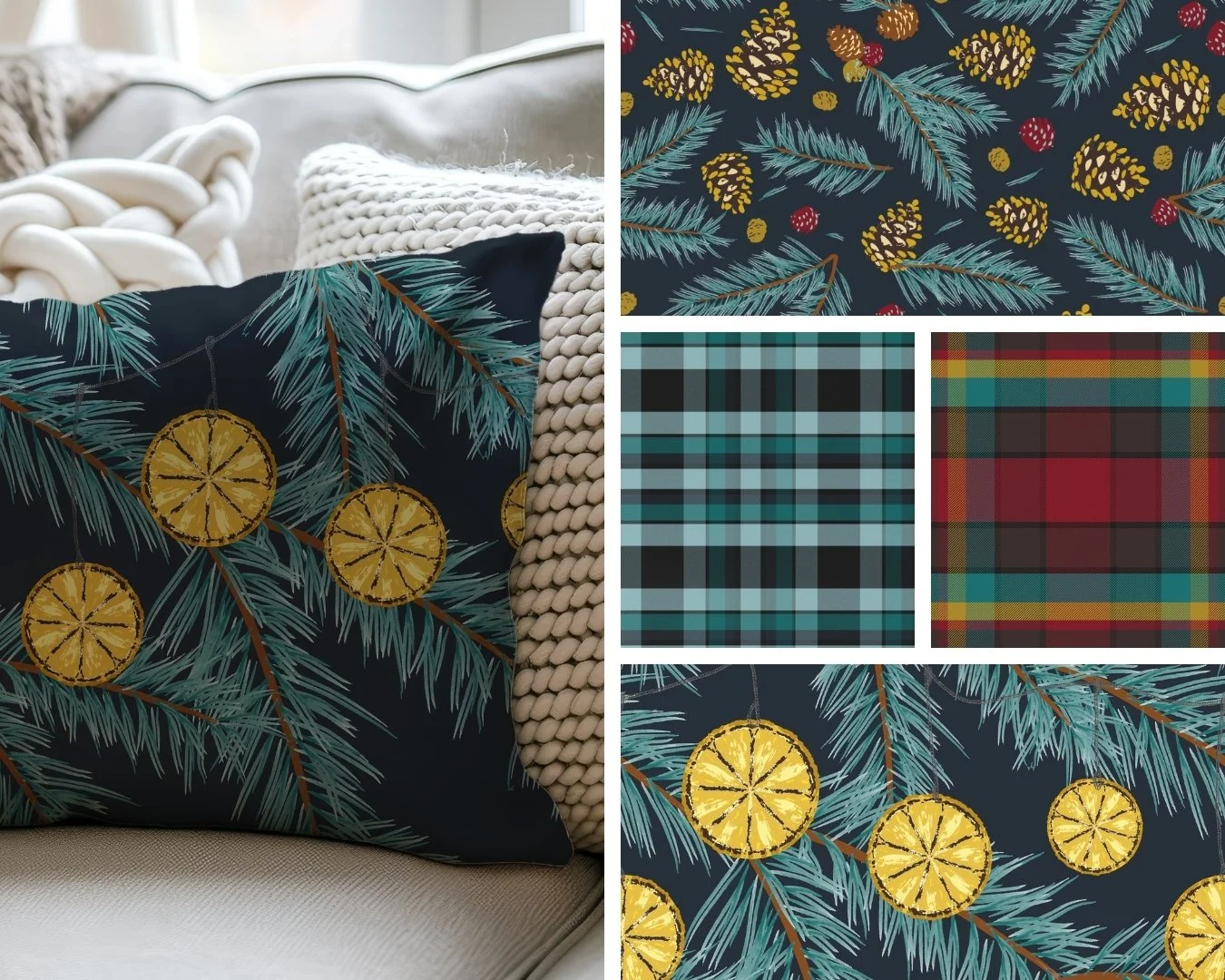 FARMHOUSE WINTER | Fresh and cozy designs featuring pine cones, rustic burnt lemons and plaid.