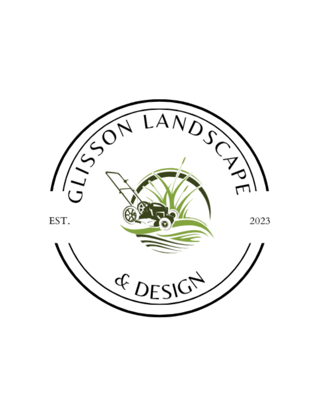 Logo for Gilisson Landscape & Design, featuring a lawn mower, grass, and water near the text, with a circular border and 'EST. 2023'.