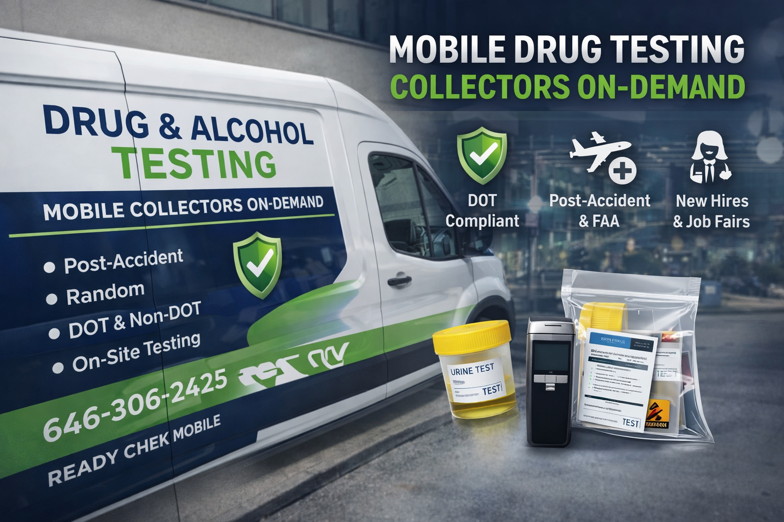 A van labeled 'Drug & Alcohol Testing' with information about mobile drug testing services. In front of the van are a urine sample container, a breathalyzer, and a sealed testing kit. The van displays services such as post-accident, random, DOT & non-DOT, and on-site testing, along with a phone number.
