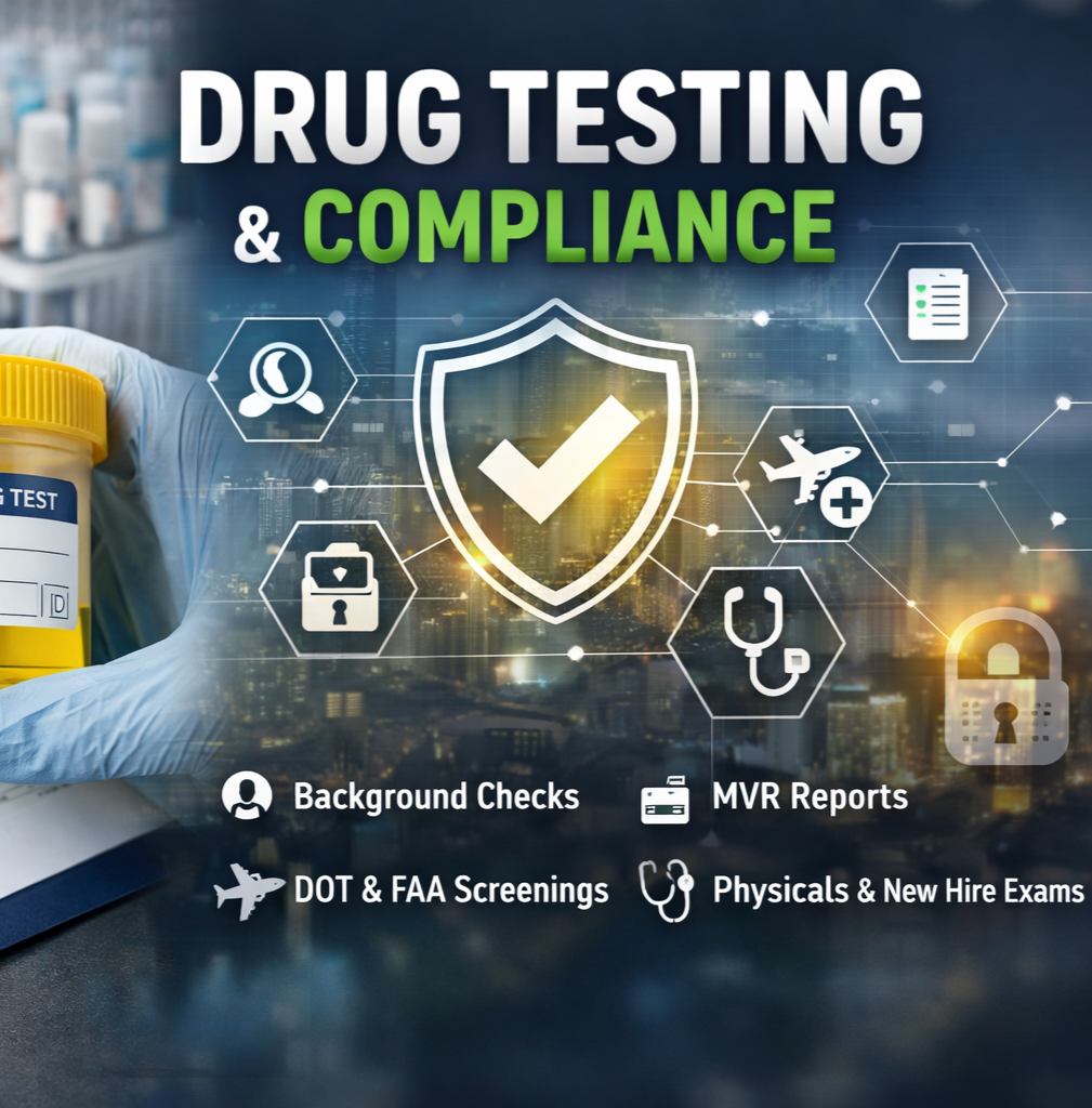 Graphic promoting drug testing and compliance services, showing a hand holding a drug test container, icons for background checks, MVR reports, DOT and FAA screenings, physicals, and new hire exams, with a city skyline in the background.