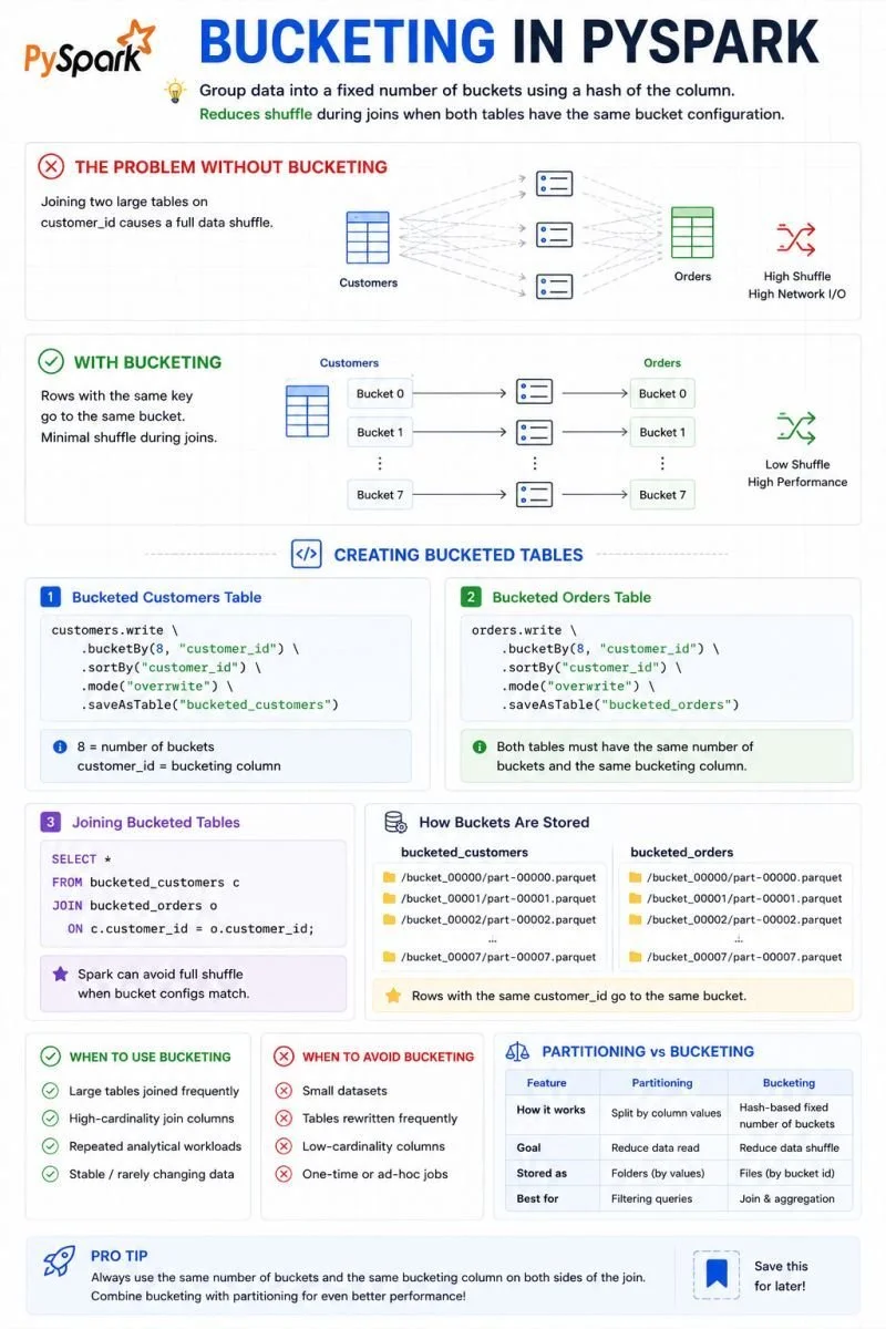 Bucketing in PySpark infographic showing bucketed customer and order tables, join behaviour, storage and trade-offs.