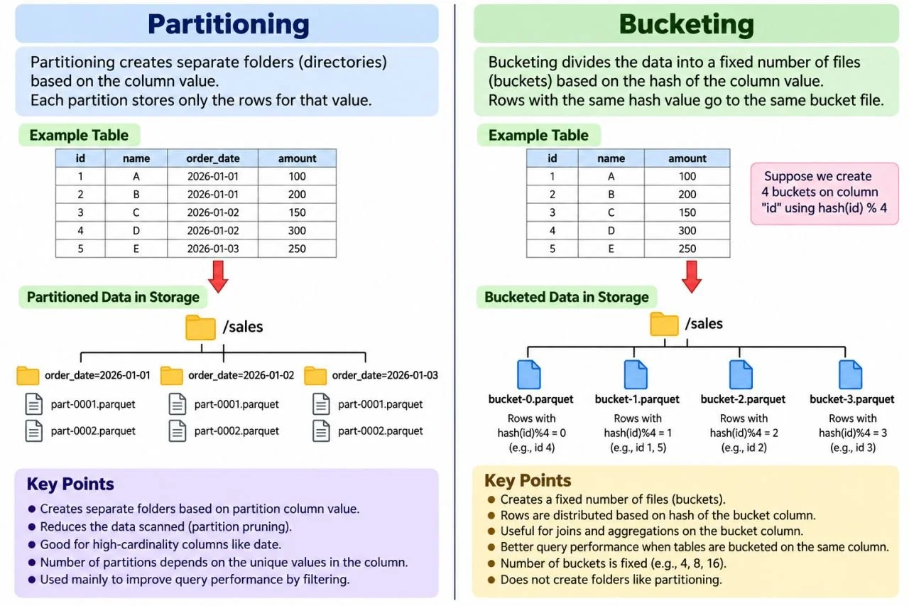 Side-by-side infographic comparing partition folders with hash-based buckets and their use in filtering and joins.