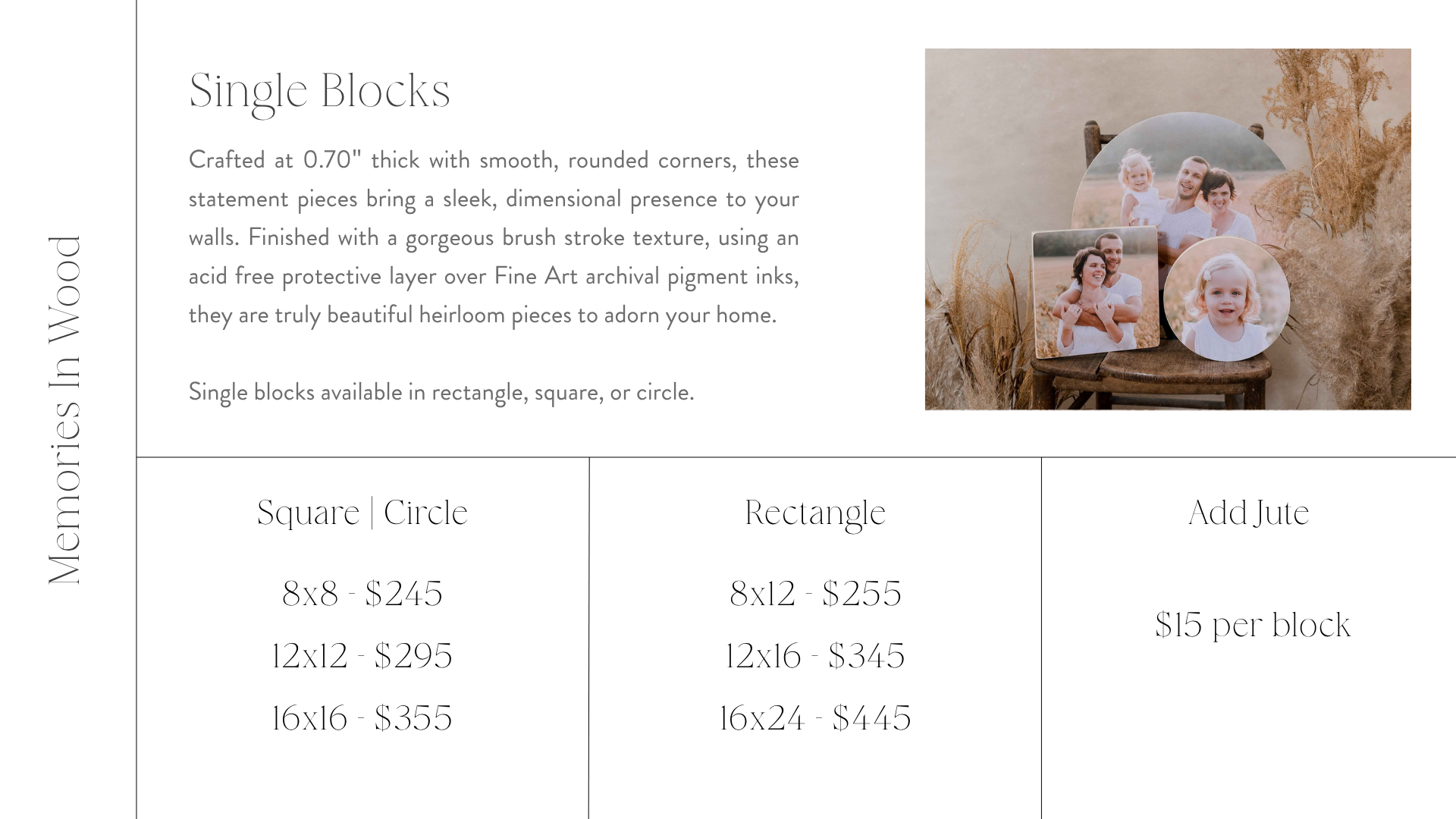 A display of various family photos on differently shaped photo blocks set against a neutral backdrop, with decorative dried plants nearby.