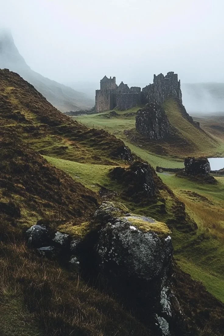 A historic castle in Scotland on a lush, green hillside with large rocks in the foreground and foggy mountains in the background.