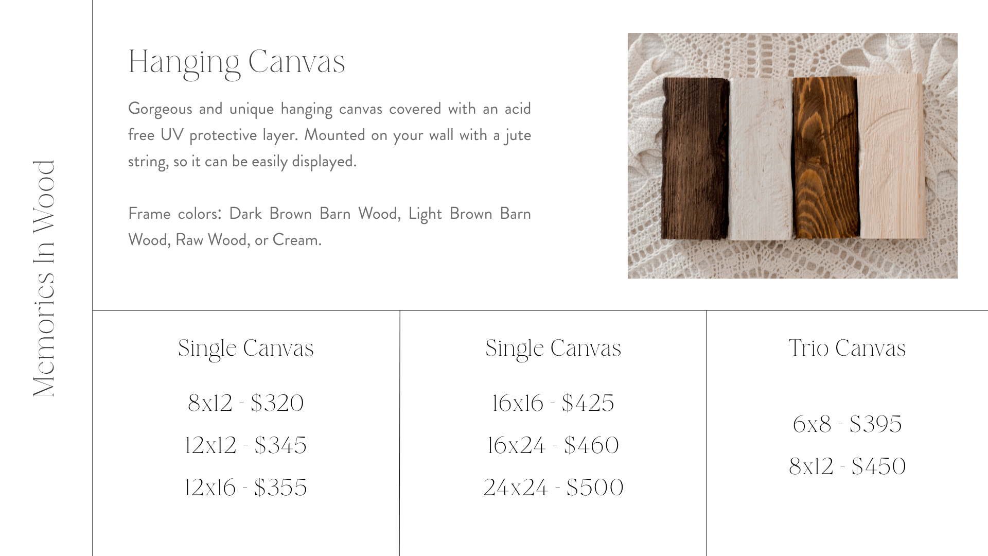 A price list for hanging canvas art, showing three frames with different wood colors and sizes with prices, and a photo of four wood samples in different shades on a lace background.