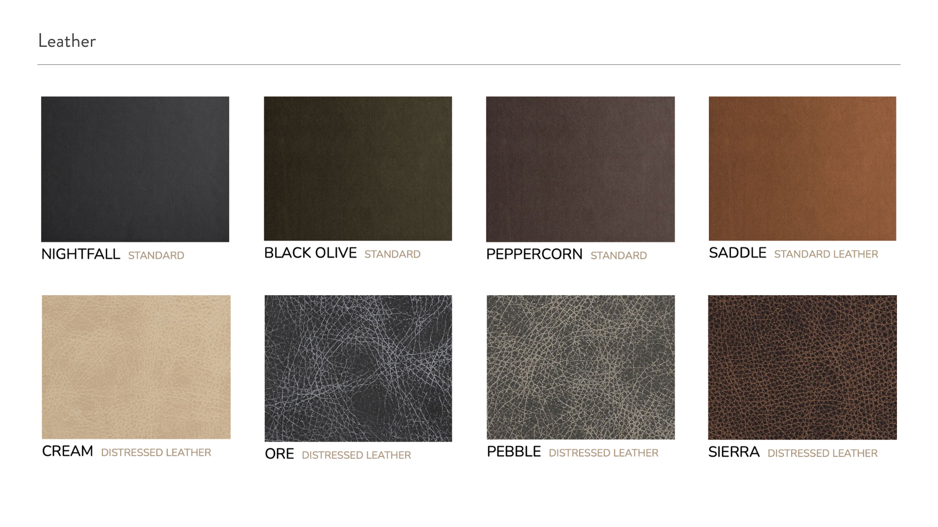 Collection of leather color samples including Nightfall, Black Olive, Peppercorn, Saddle, Cream, Ore, Pebble, and Sierra, each with different textures and finishes.