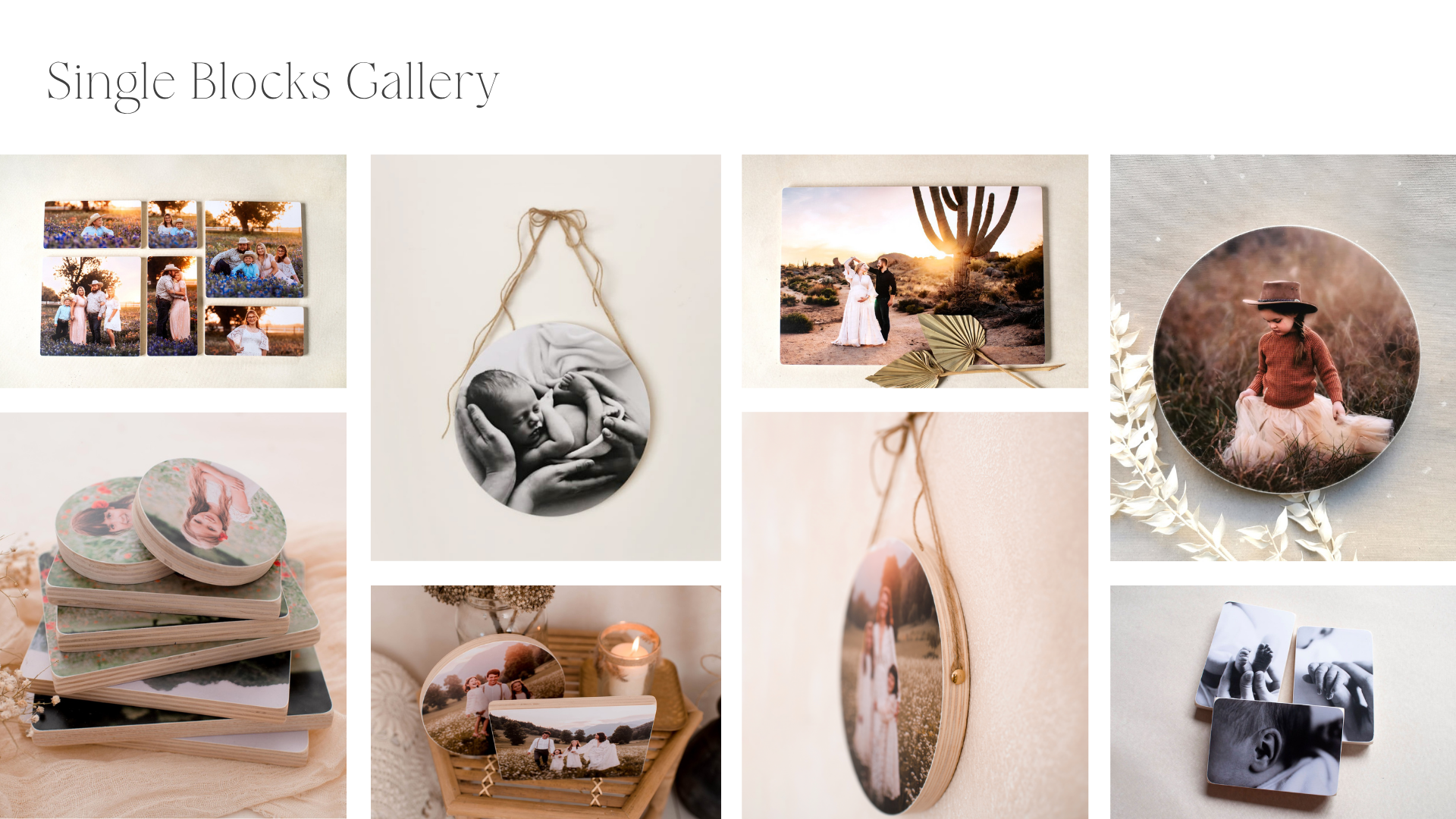 Collage of various photo displays including framed images, photo coasters, and printed photographs of people and pets in different settings.