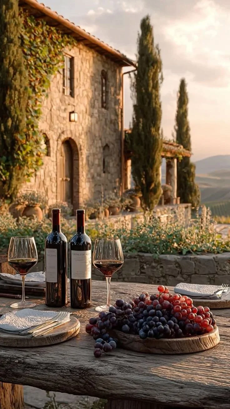 A rustic outdoor table set with two bottles of red wine, two glasses of red wine, plates, napkins, and a large bunch of grapes, in front of a stone house with tall cypress trees during sunset, in Florence, Italy.