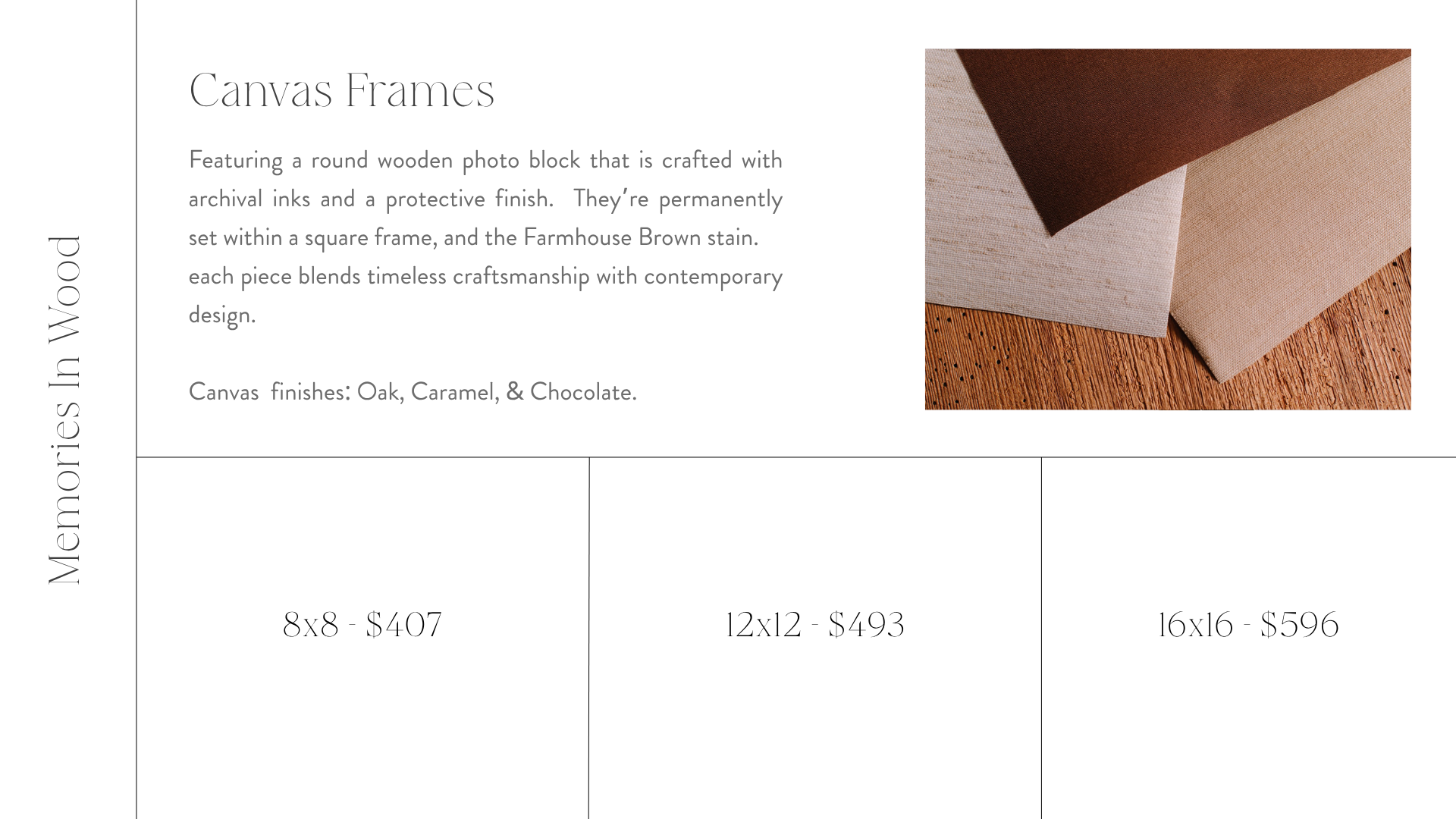Product description of canvas frames with a photo of various color canvas samples on a wooden surface.