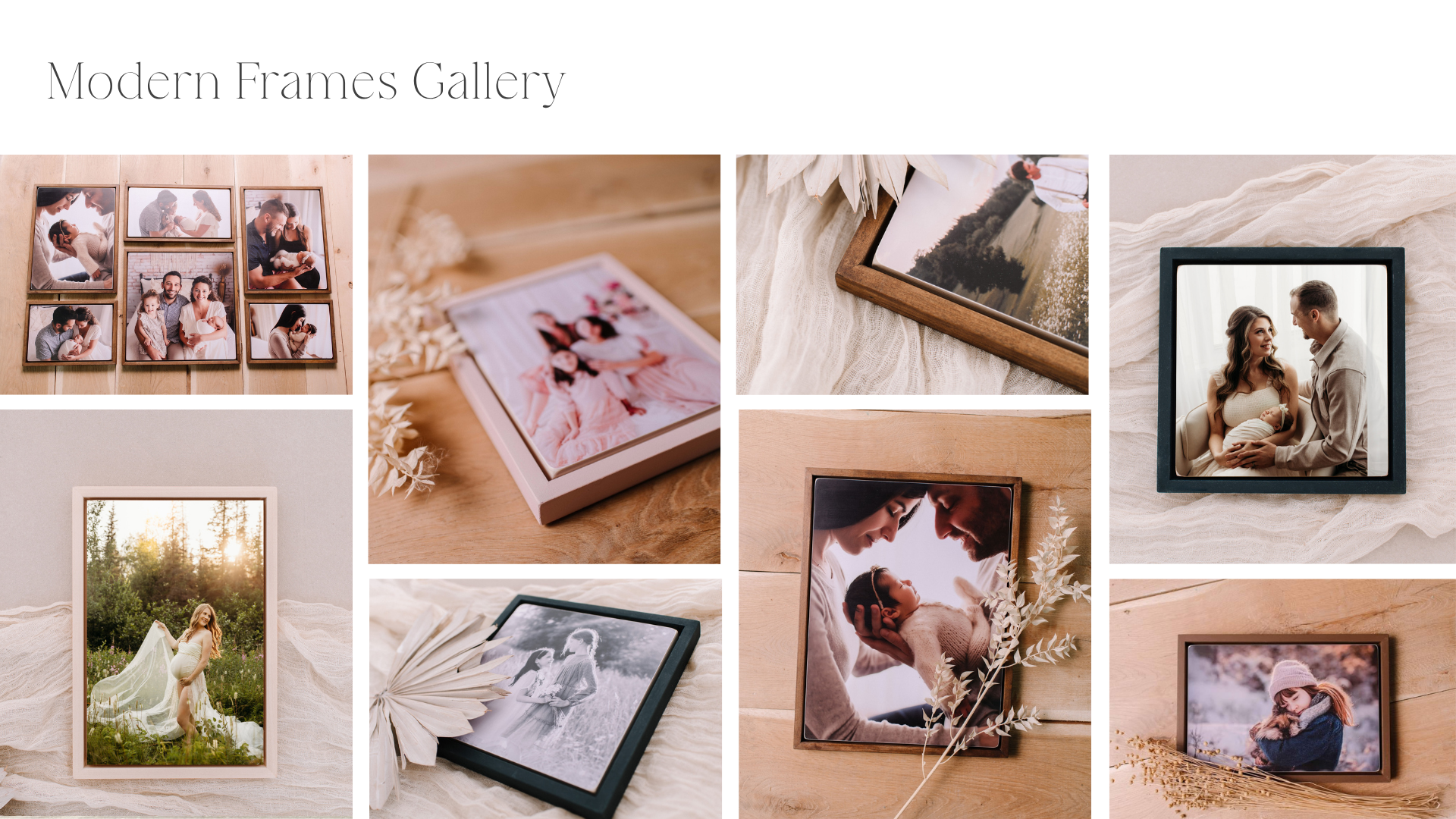 Collage of framed photographs, including a family photo, a pregnant woman outdoors, a couple with their newborn, a woman holding a toddler, and a woman in winter clothing, displayed on a light wooden surface with decorative dried flowers and soft fabric.