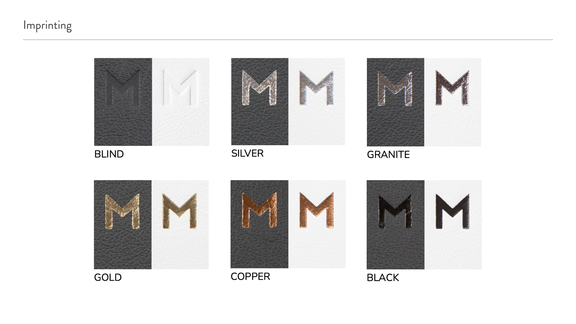 Six samples of embossed letter M in different finishes: black leather with each finishing, white leather with each finish, and gray leather with each finish.