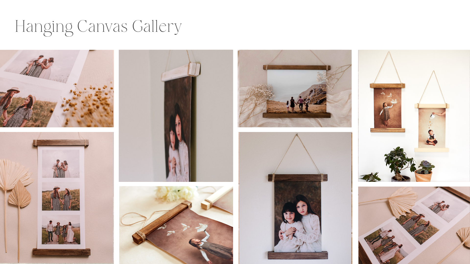 Collage of photographs and hanging photo displays, including family and friend pictures, with decorative plants and dried leaves