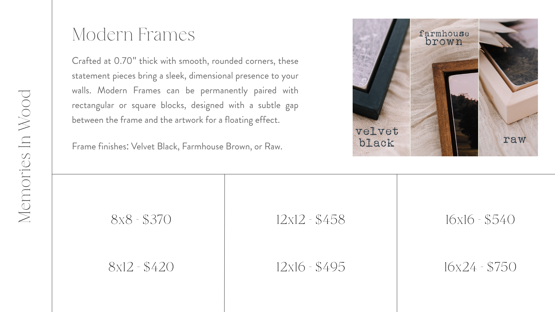 Information about modern frames, showing a picture with frame color options: velvet black, farmhous brown, and raw, alongside pricing for various sizes.