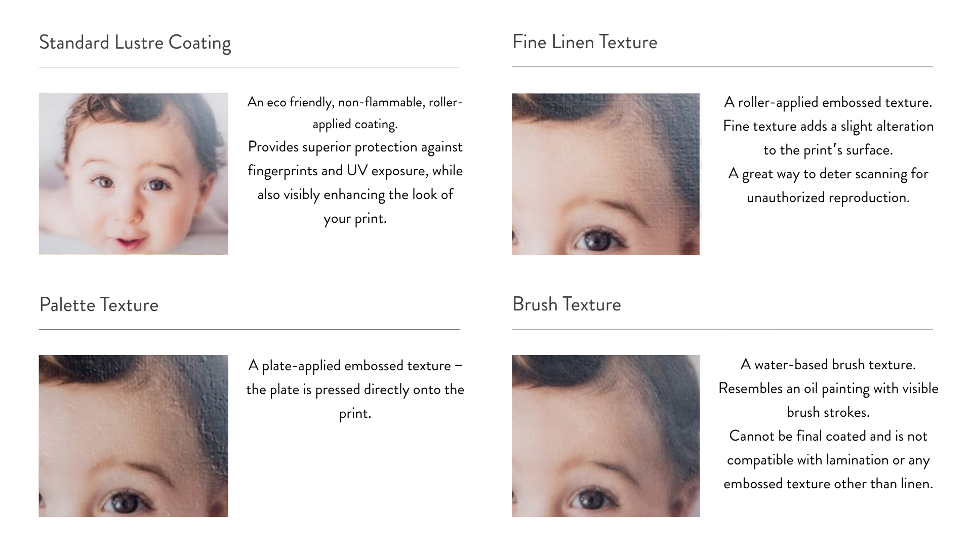 Comparison of four different printing surface textures with close-up images and descriptions: Standard Lustre Coating with a photo of a child's face, Fine Linen Texture with a close-up of a person's eye and eyebrow, Palette Texture with a partial view of a person's forehead and eye, and Brush Texture showing a portion of a person's face with textured print surface.
