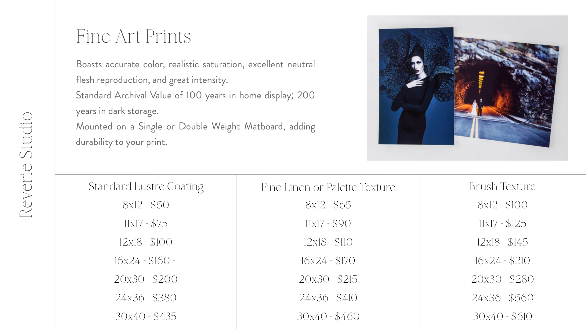 Catalog page for fine art prints showing a woman with large, blue lace hat, standing with crossed arms, and two landscape photographs of a mountain tunnel and a road with two people, along with pricing details for different print finishes and sizes.