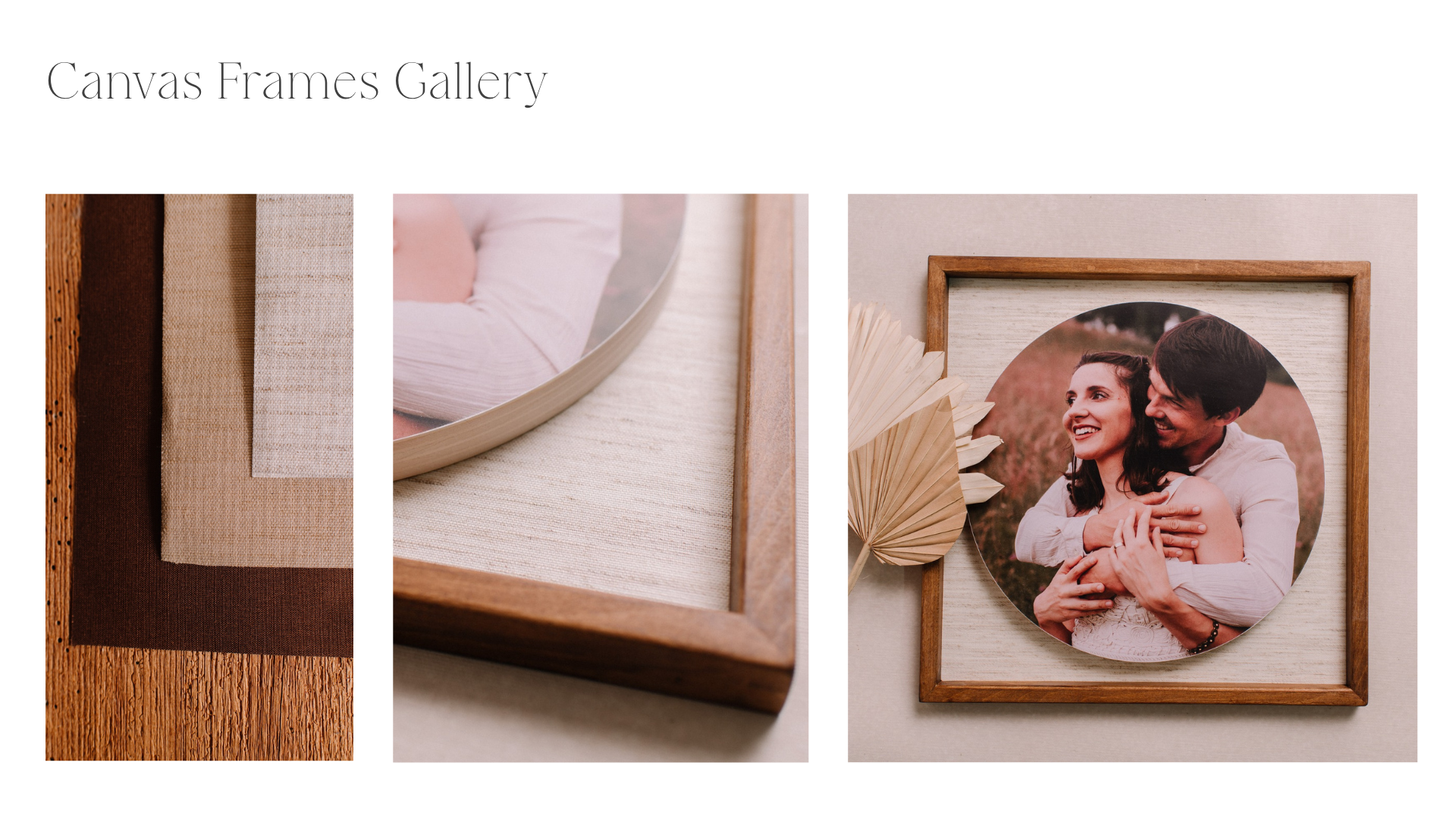 Close-up of layered fabric swatches in earth tones, a framed mirror reflecting a woman's arm, and a framed photograph of a smiling couple embracing outdoors, with a dried palm leaf in front.