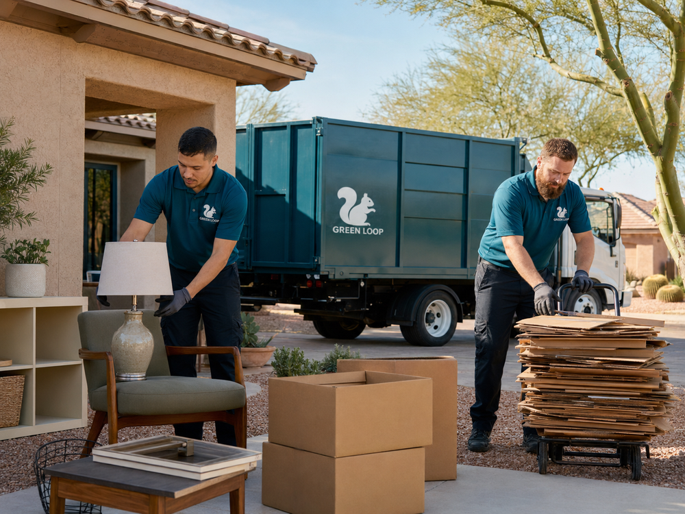 Green Loop Junk Removal crew loading furniture into a branded truck in Phoenix