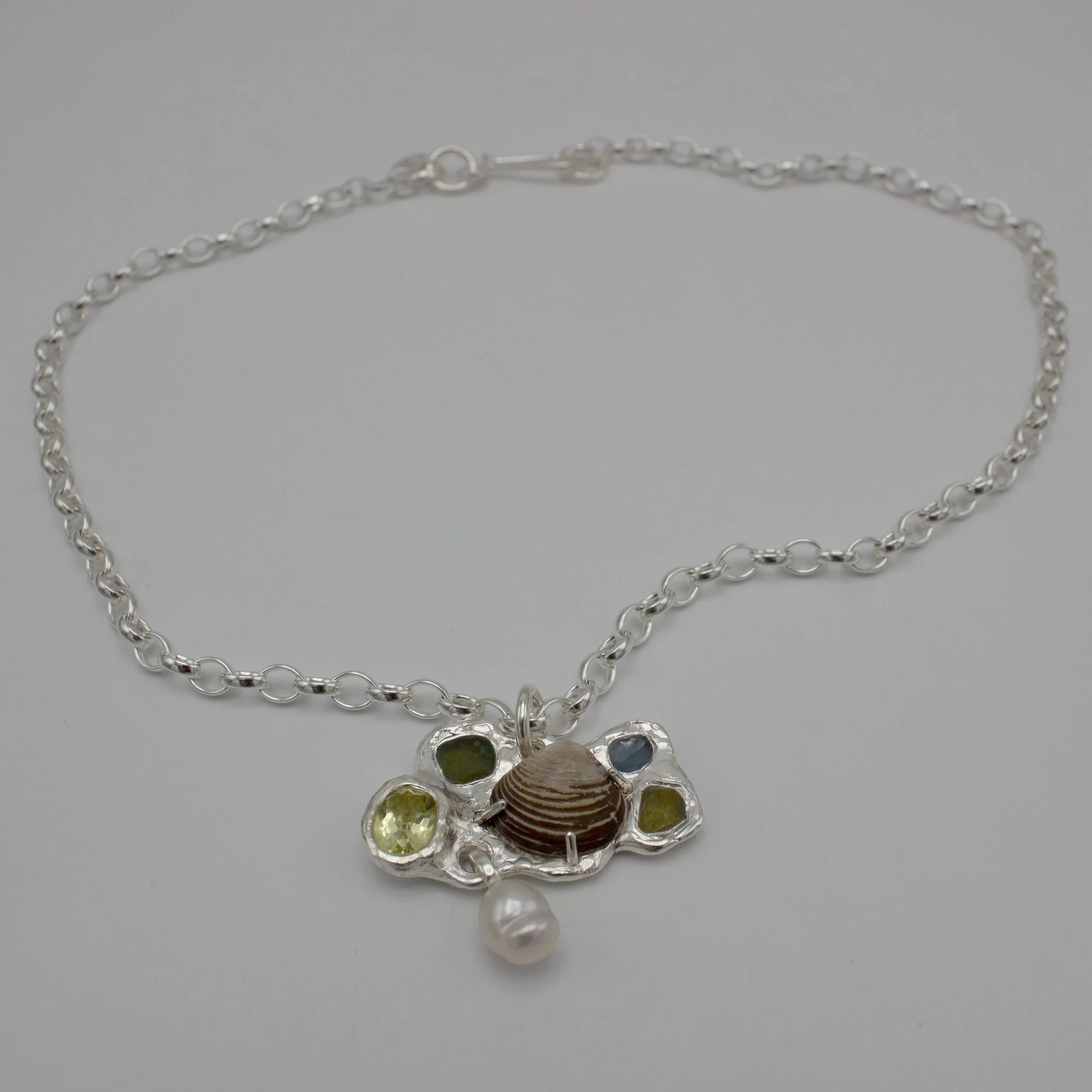 Sea Glass Necklace with Lemon Quartz, Cockle Shell & Pearl