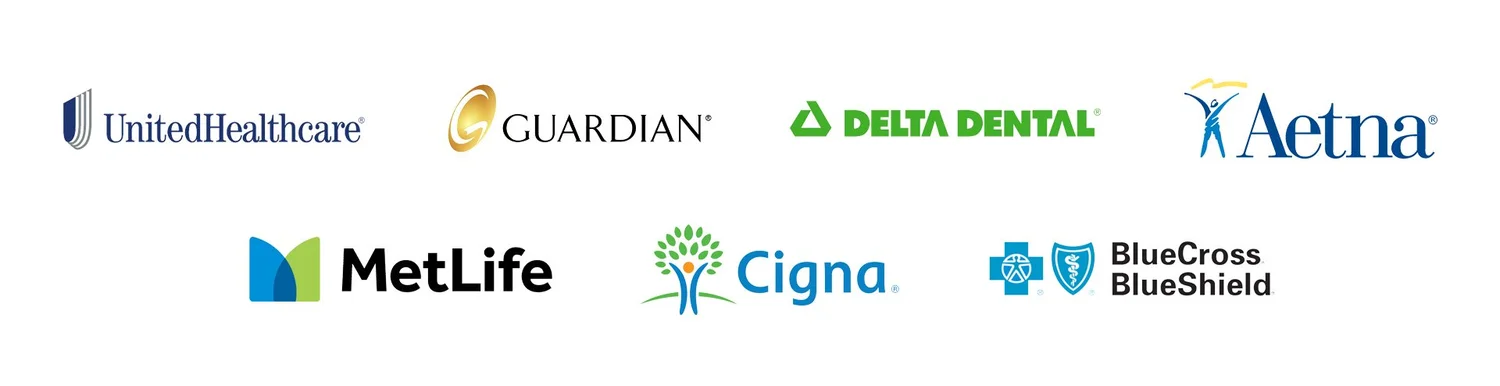 Logos of dental insurance plans accepted at Sand Canyon Dental, including Delta Dental, Aetna, Cigna, MetLife, Guardian, UnitedHealthcare, and Blue Cross Blue Shield