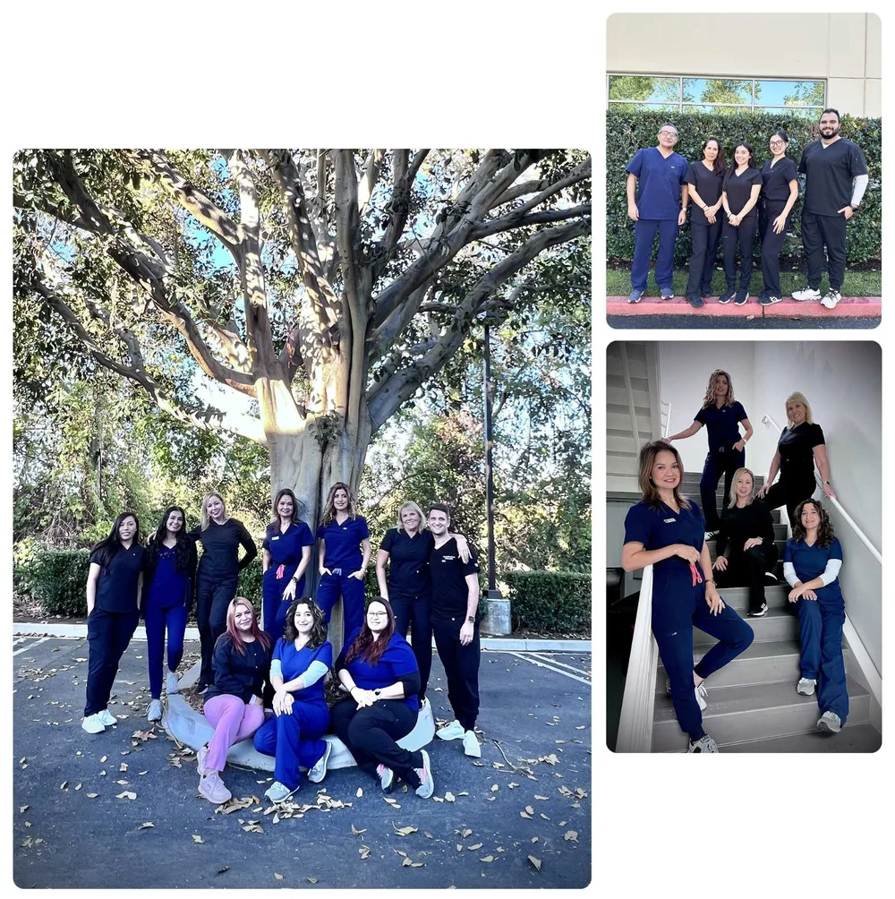 Sand Canyon Dental team posing outdoors and on the office stairs, Irvine dental careers