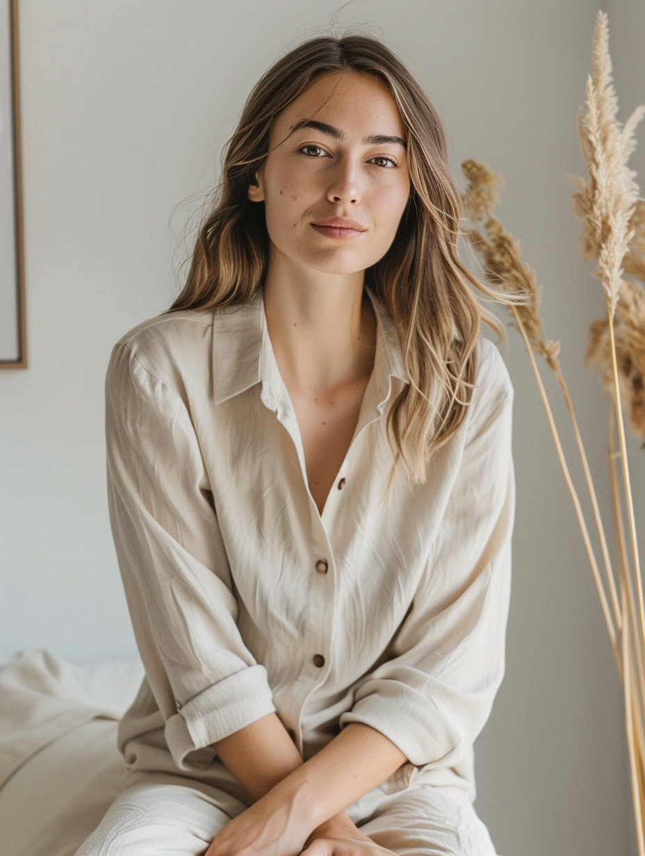 A young woman with light brown hair and fair skin sitting on a bed in a neutral-colored room, wearing a cream button-up shirt with rolled-up sleeves, looking at the camera with a slight smile, with dried pampas grass in the background.