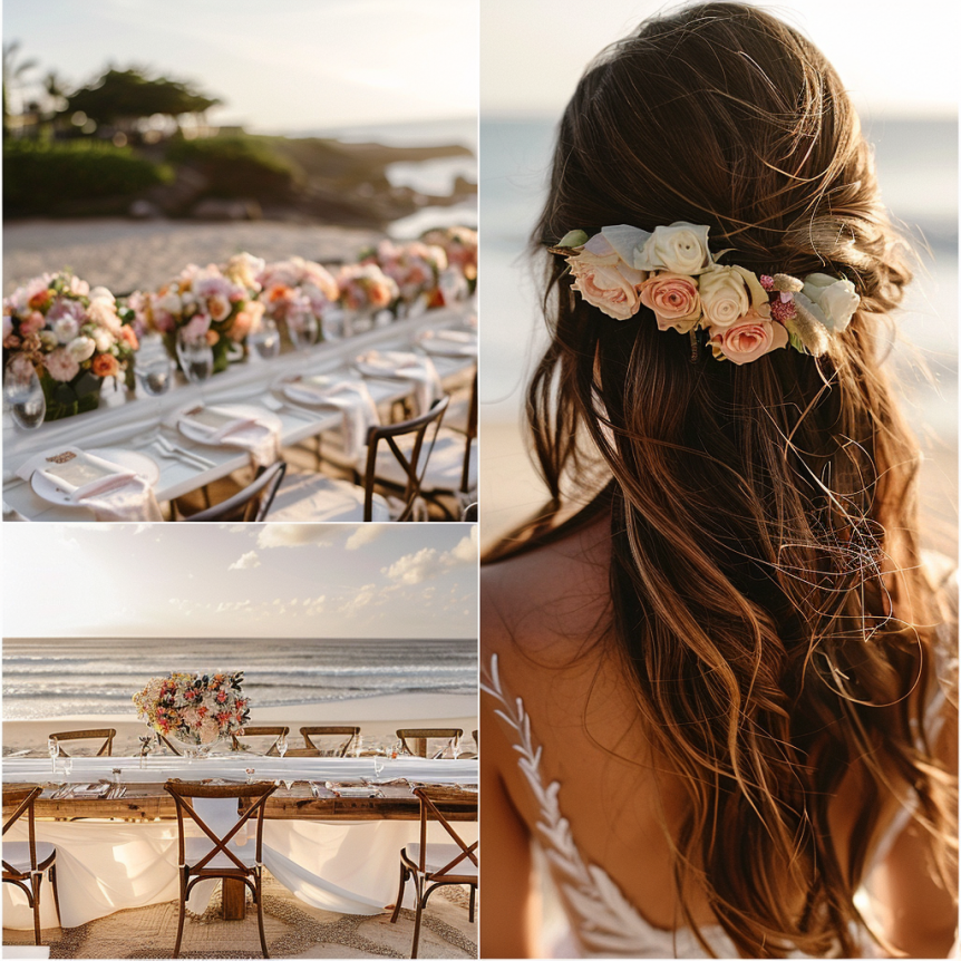 Beachside wedding reception setup with a table decorated with pink and white flowers, a floral centerpiece table on the sand, and a bride with long hair wearing a floral crown.