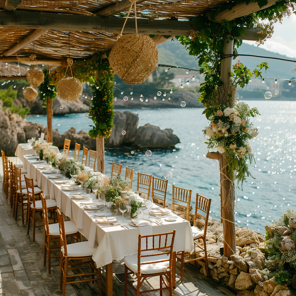 Elegant outdoor seaside dining setup with a long white table decorated with floral centerpieces, surrounded by wooden chairs, under a rustic wooden and thatched roof, overlooking water and rocky coastline, with string lights and hanging woven lantern