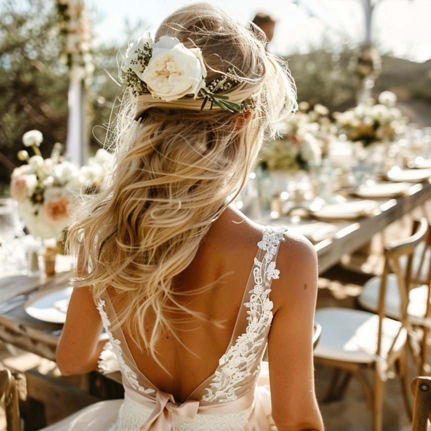 A woman with blonde hair, wearing a floral headband and a lace wedding dress with a bow at the back, is seen from behind in an outdoor setting with a decorated table and chairs in the background.