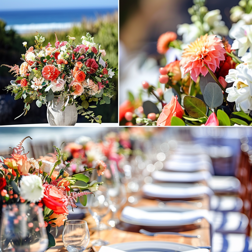 Arrangement of colorful flowers including roses and dahlias, set on a table with place settings, with outdoor coastal scenery in the background.