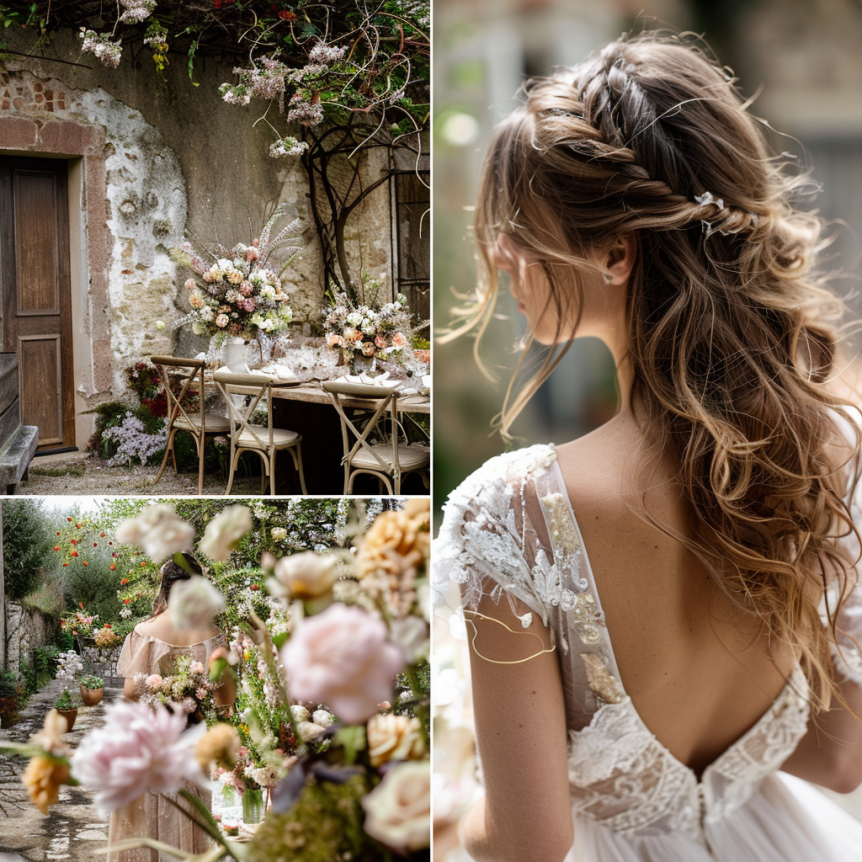 A collage of three images: the first is a rustic outdoor table setting with floral arrangements against an old stone wall; the second shows a garden scene with a woman in a beige dress among flowers; the third is a close-up of a woman with styled, wa