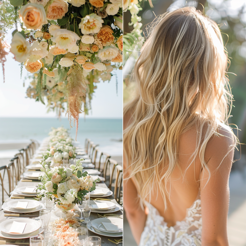 A wedding setup on the beach with a long table decorated with white and peach flowers and hanging floral arrangements overhead, and a woman with long, wavy blonde hair in a white lace dress.