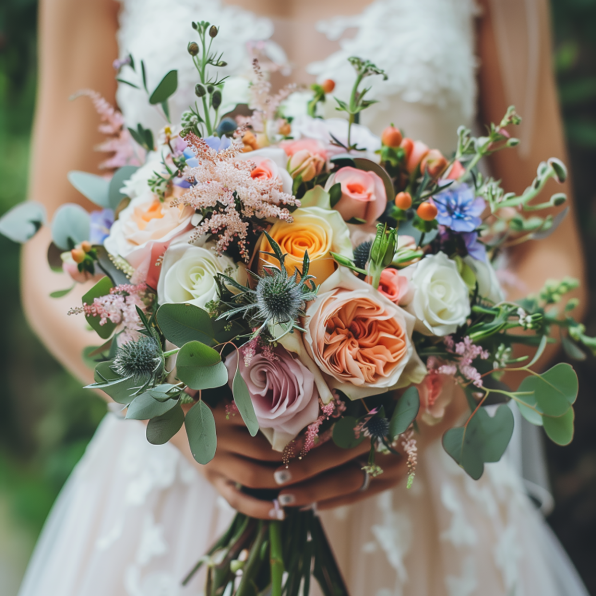 A person holding a colorful bouquet of flowers, including roses, greenery, and other blooms, in an outdoor setting.