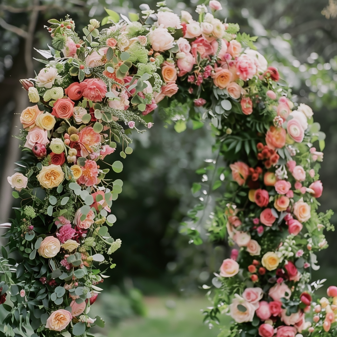 A colorful floral wedding arch made of pink, peach, and white roses, along with green foliage and eucalyptus leaves, set outdoors.