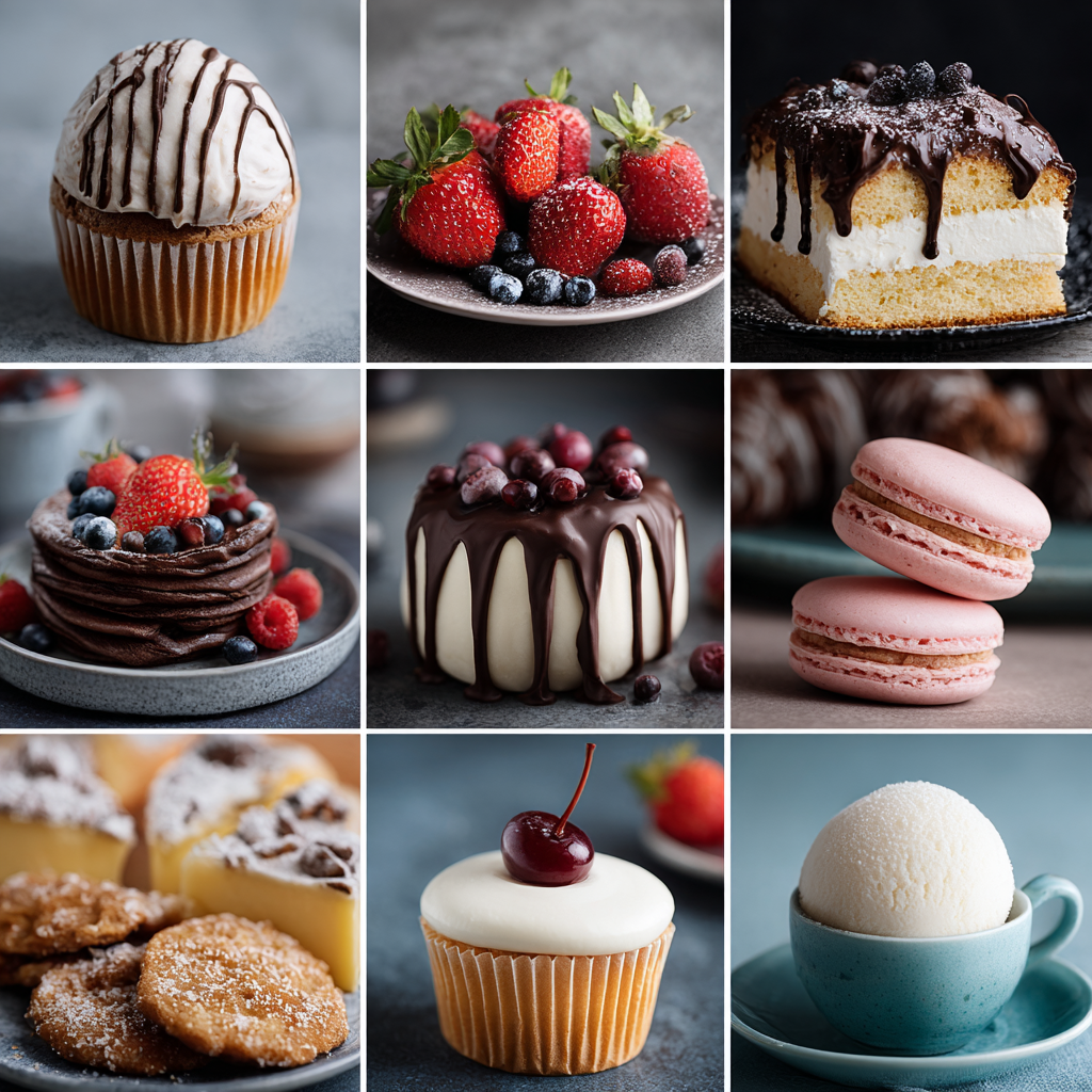 Various desserts including a cupcake with white frosting and chocolate drizzle, bowl of strawberries and blueberries, slice of cake with chocolate and vanilla layers, stack of chocolate pancakes with berries, white chocolate-covered cake with berries
