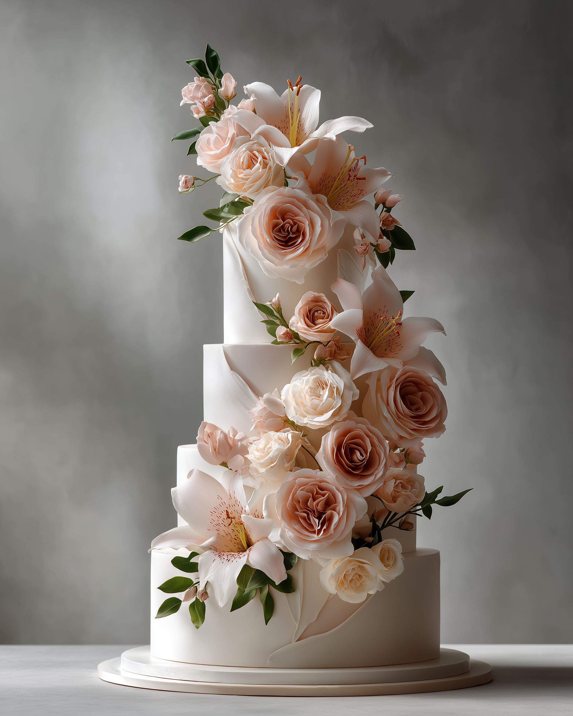 Elegant white multi-tier cake decorated with pink roses, white lilies, and green leaves, set against a neutral background.