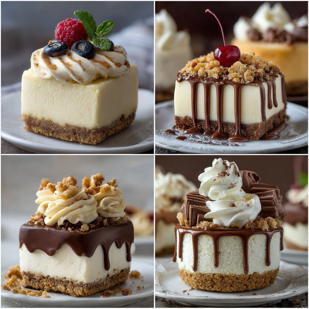 Four different types of cheesecakes with various toppings on decorative plates.