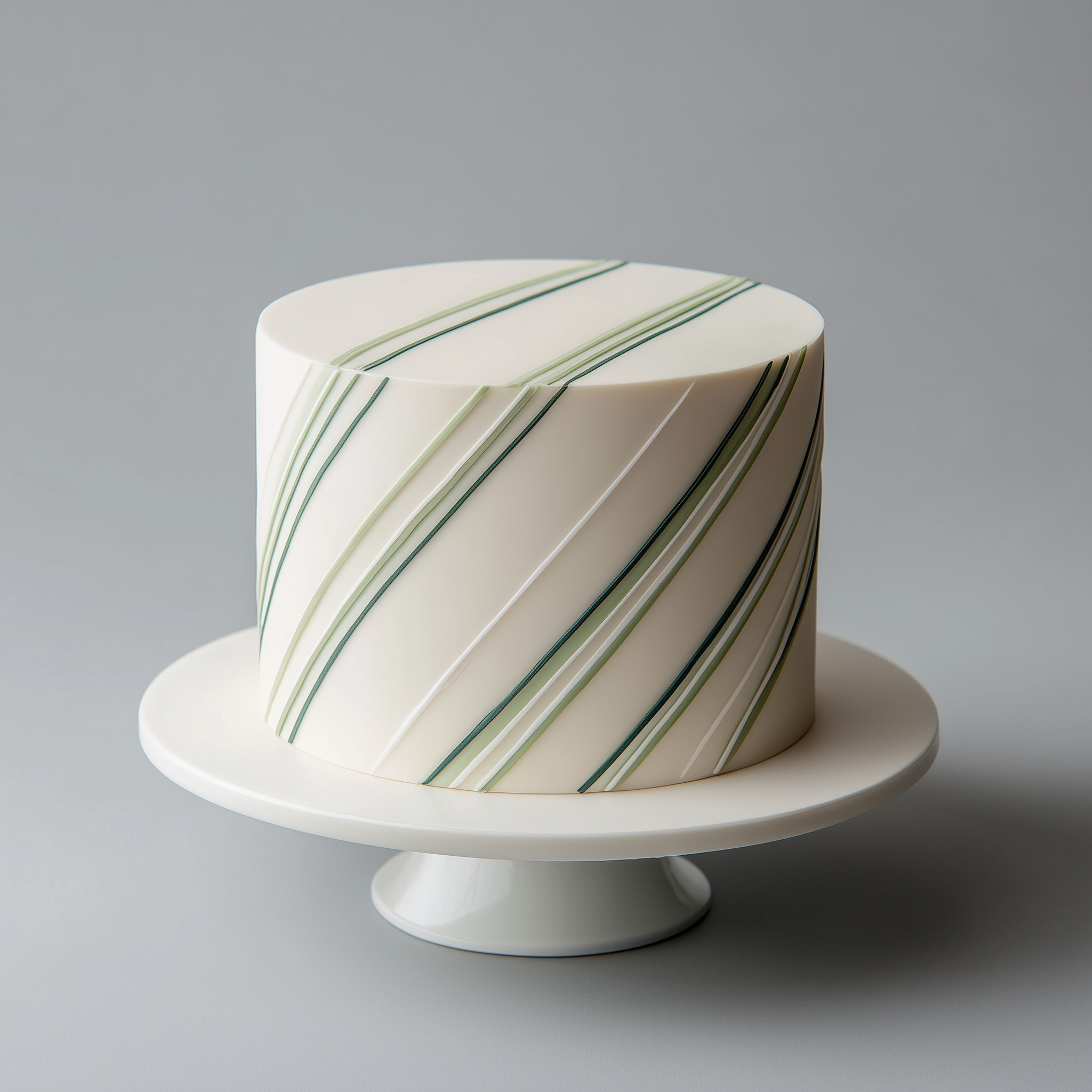 Elegant white cake with diagonal green and black striped decoration, displayed on a white cake stand against a light gray background.