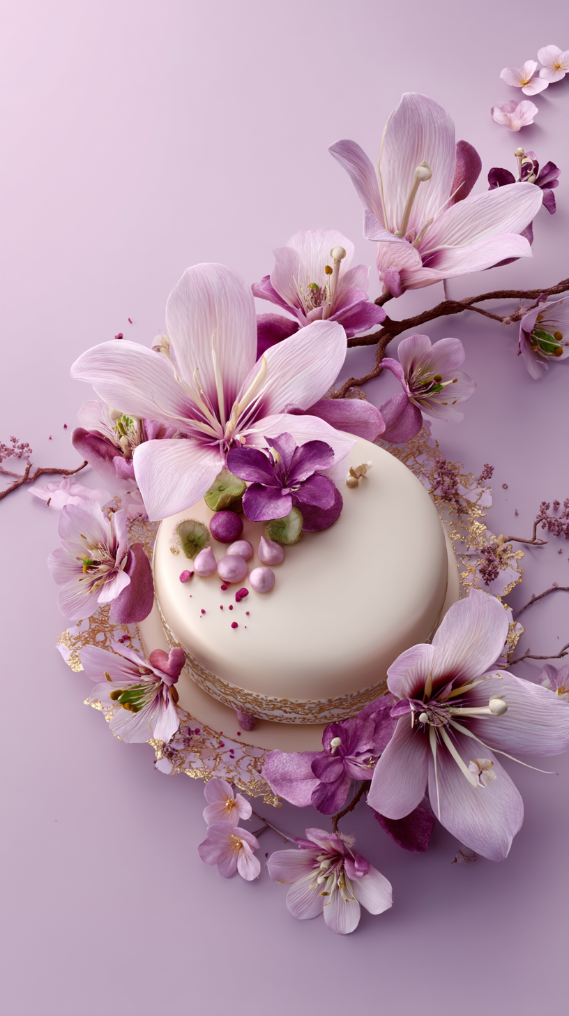 A white round cake decorated with pink and purple flowers, edible pearls, and gold leaf, surrounded by pink and purple flowers and branches on a soft pink background.