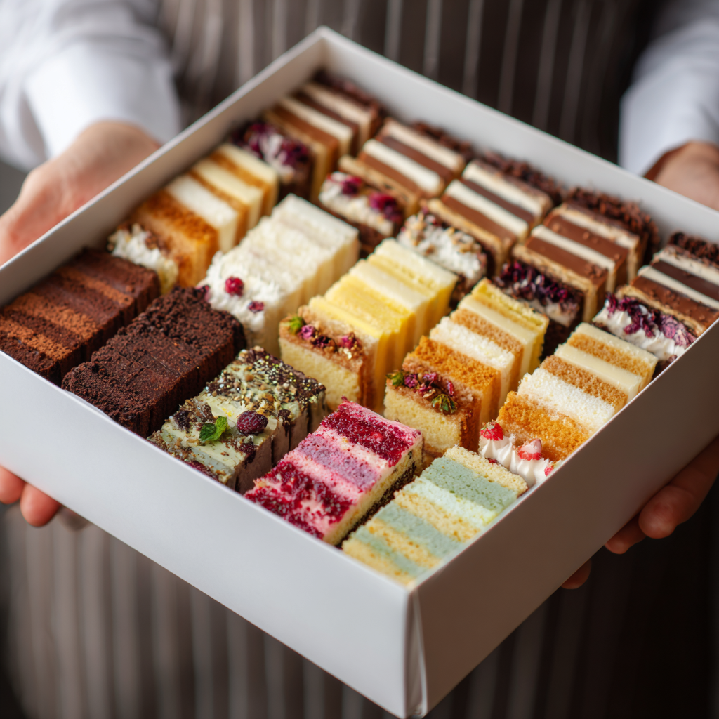 A box of assorted miniature cakes with various flavors and toppings.