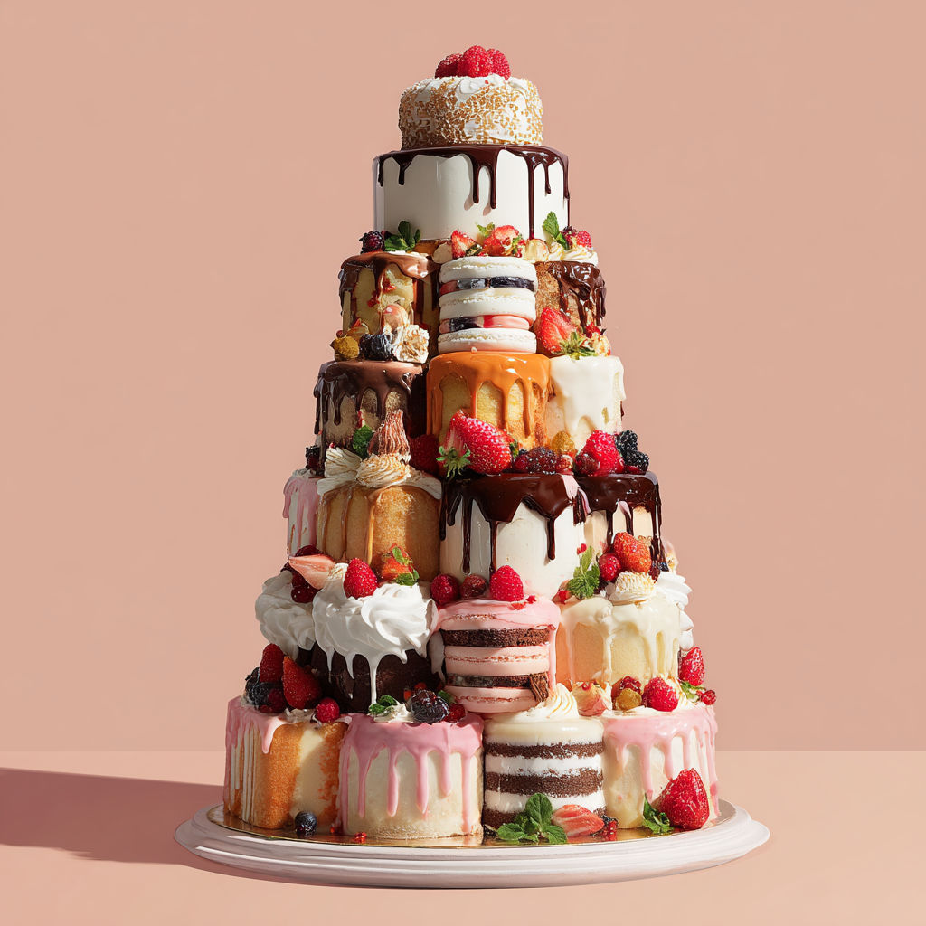 A multi-tiered cake with various flavors and decorated with fruits, macarons, chocolate drizzles, and whipped cream on a white plate against a light pink background.