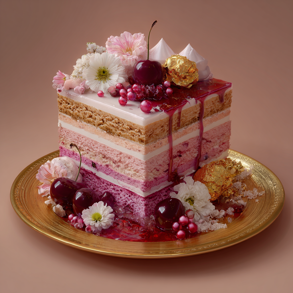 A layered cake decorated with cherries, flowers, gold foil, edible glitter, and topped with icing, on a gold tray.