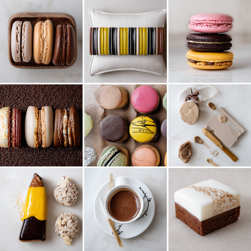A collage of various desserts including macarons, chocolates, candies, a coffee cup, and a cake.