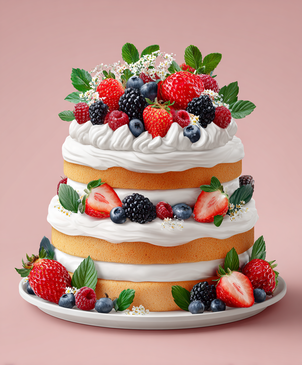 Layered cake decorated with whipped cream, assorted mixed berries, strawberries, blackberries, blueberries, raspberries, fresh mint leaves, and small white flowers against a pink background.
