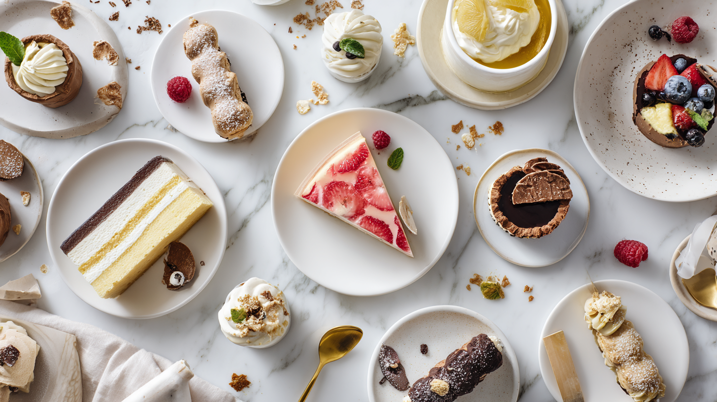 Assortment of various desserts including cake slices, tarts, chocolate truffles, and cream-filled pastries arranged on white plates and a marble surface.