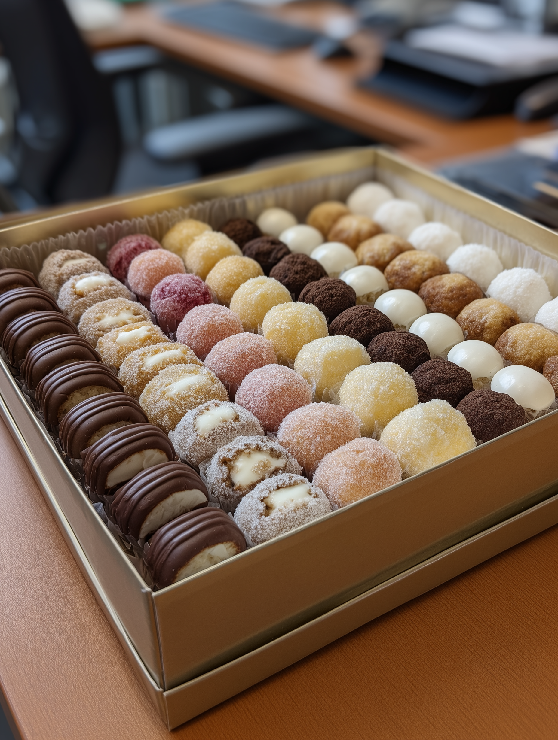 A box of assorted petit fours or colorful dessert balls, including chocolate, coconut, and fruit-flavored varieties, arranged in rows on a wooden table.