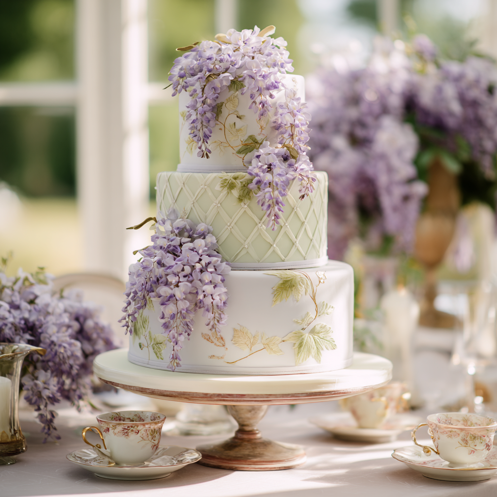 Three-tier wedding cake decorated with purple wisteria flowers and painted leaves against a blurred background of purple flowers and greenery.
