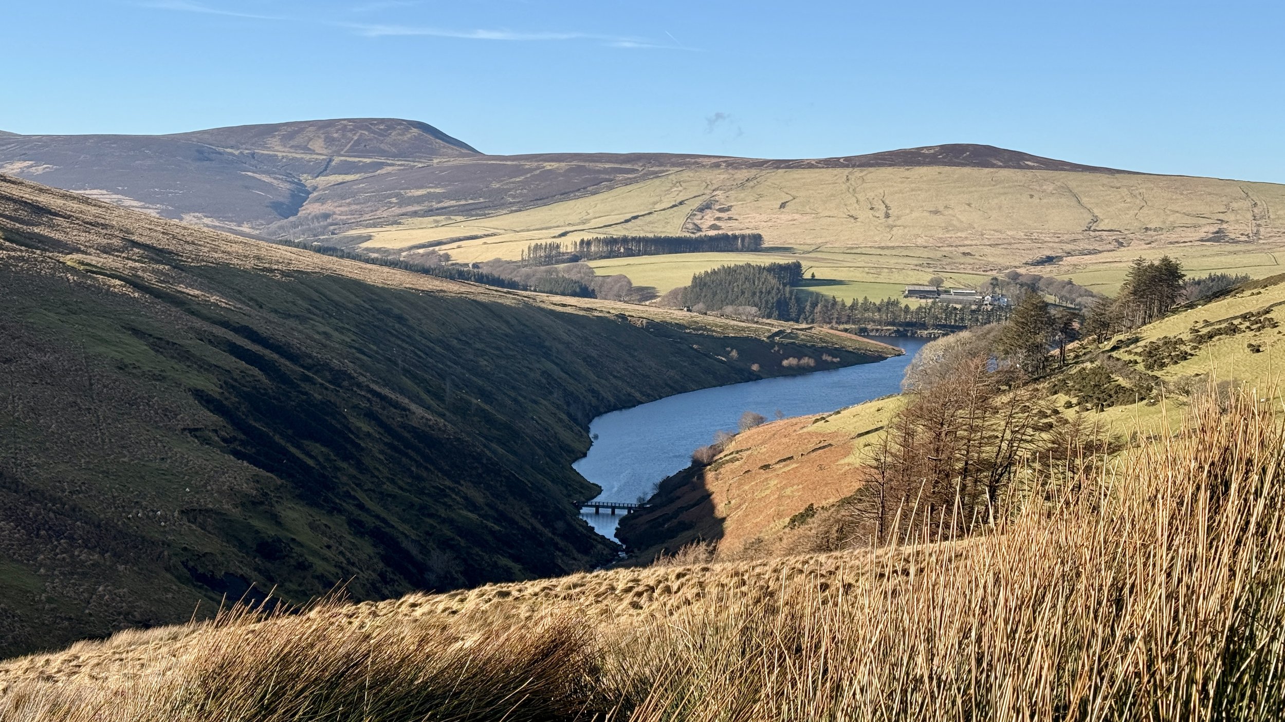 Scenic landscape of a lake nestled between rolling green hills under a clear blue sky, with distant patches of forest and mountain views.
