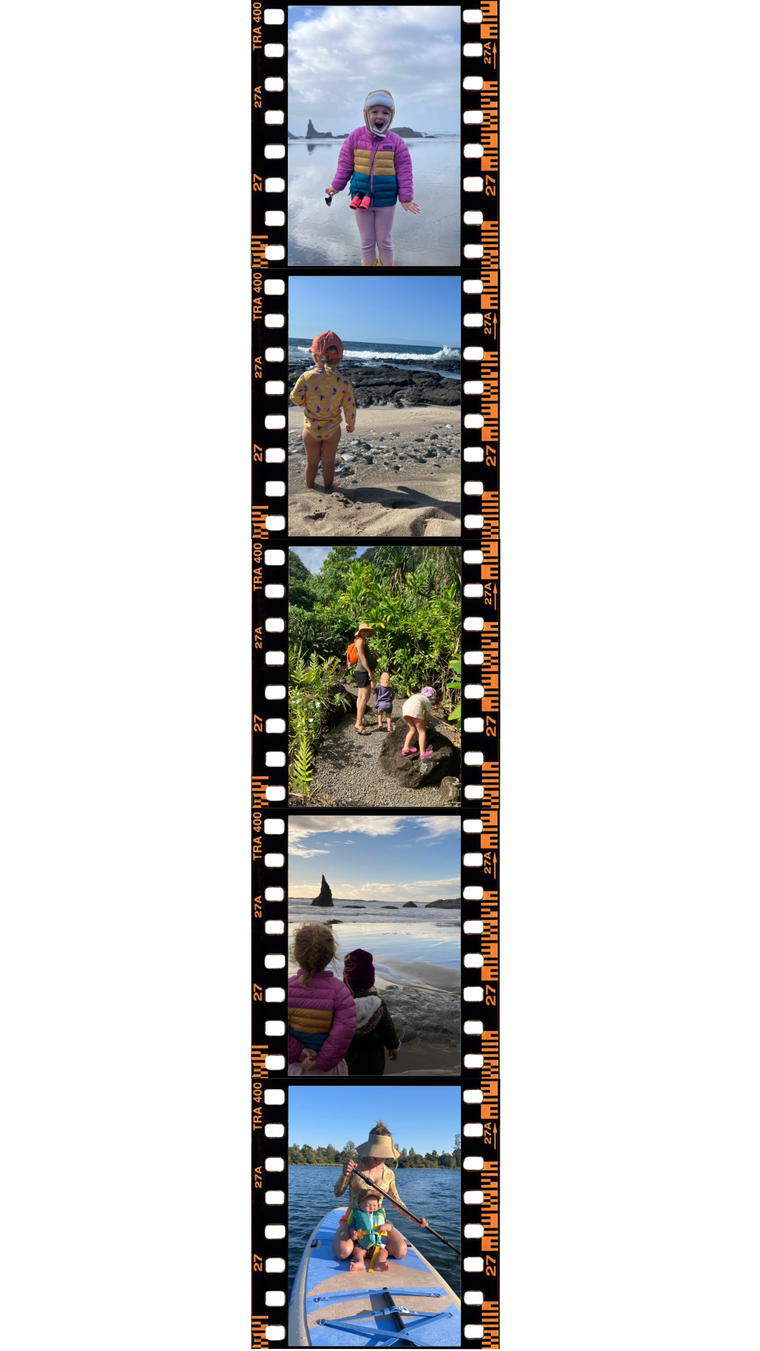 A collage of five photographs taken during outdoor adventures. The top photo features a young girl in a colorful jacket on a beach with tide pools and rocks. The second photo shows a child in a yellow patterned swimsuit and red hat walking on a sandy beach with the ocean in the background. The third photo captures a family exploring lush tropical greenery with palm trees, with young children and an adult. The fourth photo depicts two children sitting on rocks near a calm body of water with a large rock formation in the distance. The bottom photo shows a woman and a child on a paddleboard on a lake or river, with the woman wearing a hat and holding a paddle, and the child sitting in front of her.