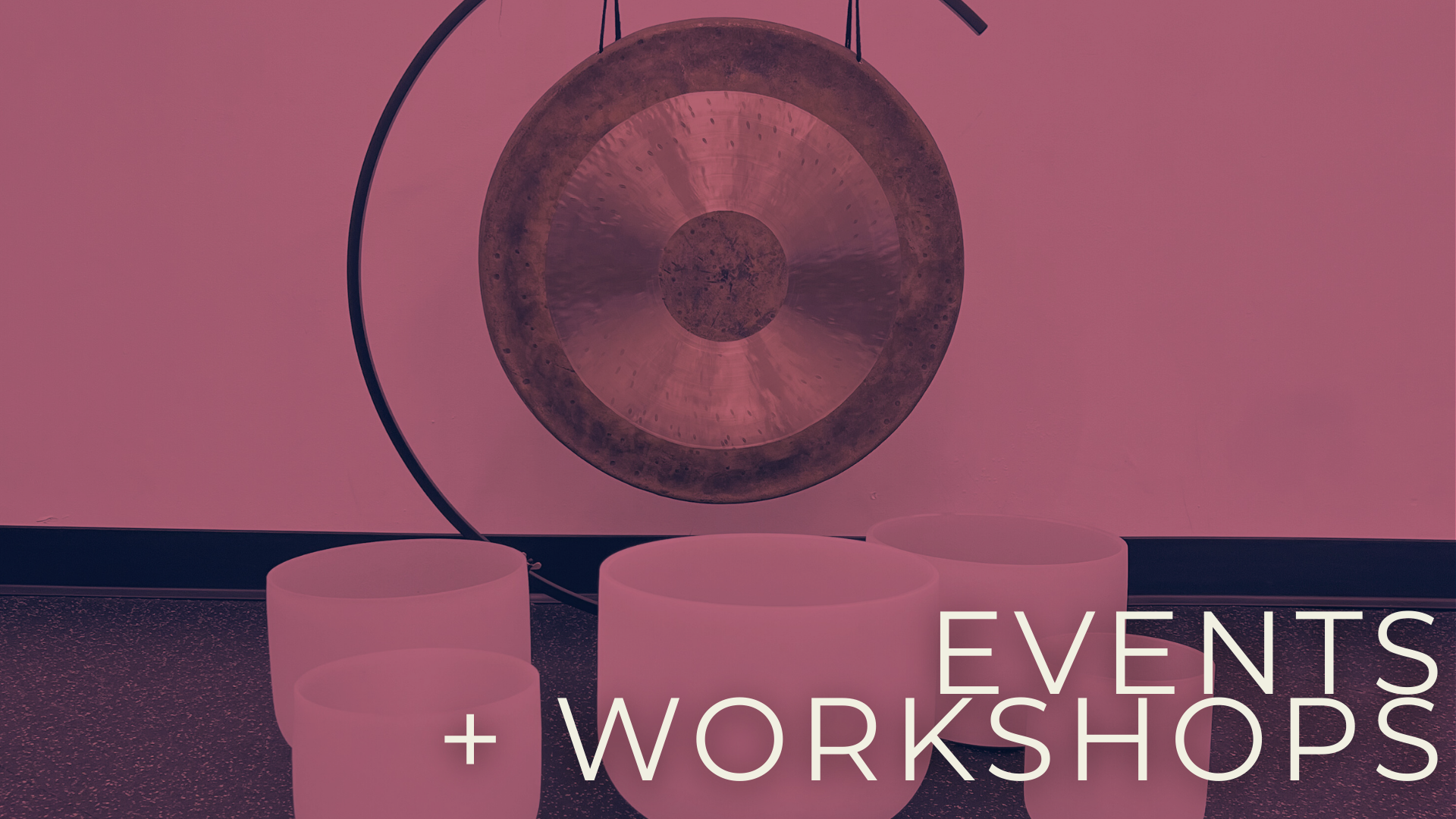 Gong and crystal singing bowls used for wellness workshops and community events at Inner Space in Des Moines