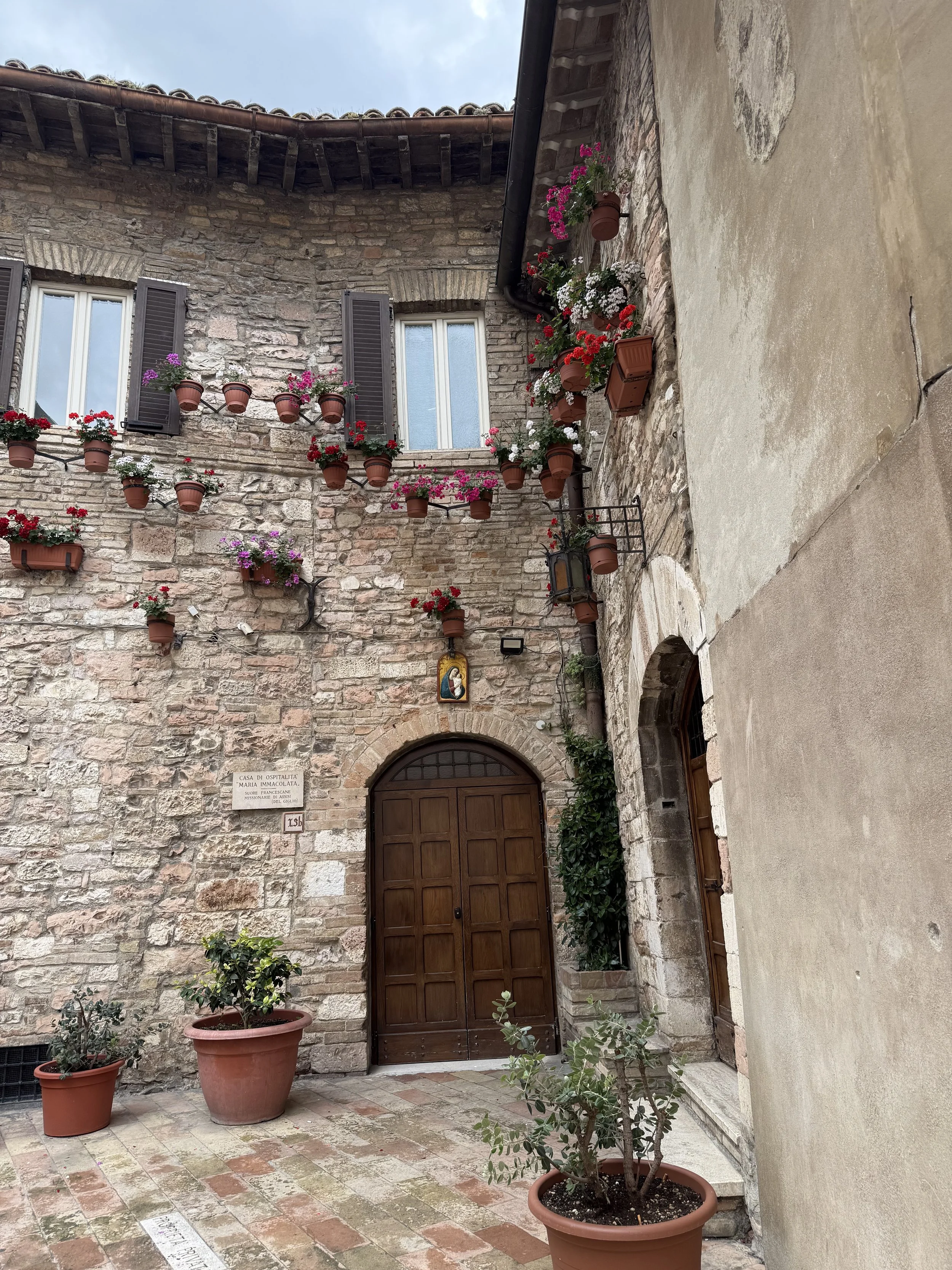 Exterior view of a rustic stone building with a wooden arched door, multiple potted plants, and window with dark shutters, in a European village setting.
